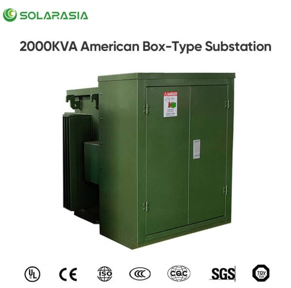 Official certification badges and logos held by the 2500KVA American Box-Type Substation, such as ISO, IEC, UL, etc.