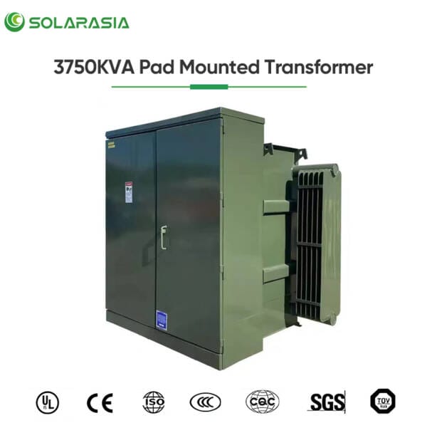 Badges and logos of international certifications and standards met by the 3750KVA Pad Mounted Transformer, such as ANSI, IEEE, UL.