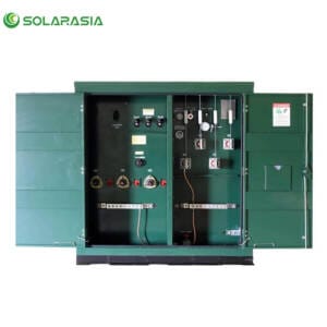 500KVA Pad Mounted Transformer open door view showing internal components and rugged enclosure.