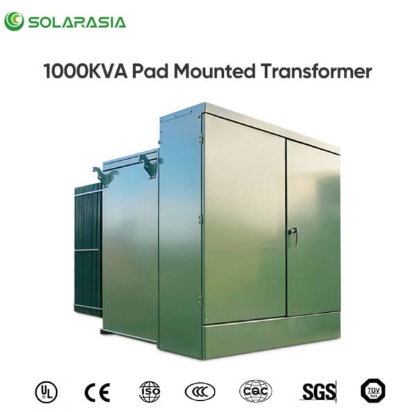 Quality and safety certification logos for the 1000KVA Pad Mounted Transformer (e.g., ISO, IEC).