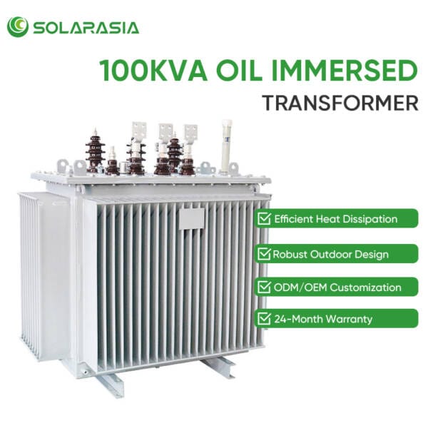 Infographic highlighting four key features of the 100KVA oil filled transformer: Efficient Heat Dissipation, Robust Outdoor Design, ODM/OEM Customization, and 24-Month Warranty.