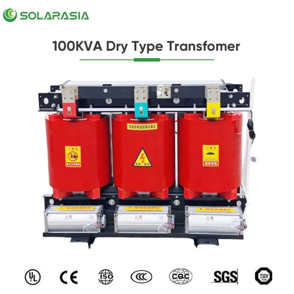 International certifications and compliance badges for the 100KVA Dry Type Transformer.