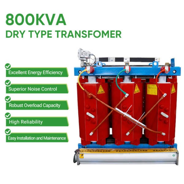 Features of 800KVA Dry Type Transformer including energy efficiency, noise control, overload capacity, installation, and reliability