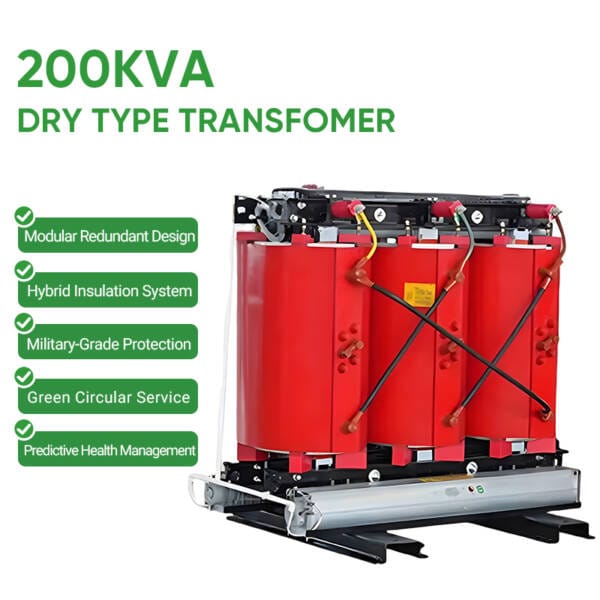 Infographic highlighting the advanced features of a 200KVA Dry Type Transformer including Predictive Health Management.