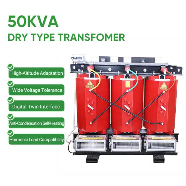Infographic detailing the advanced features of the 50KVA Dry Type Transformer including High-Altitude Adaptation, Wide Voltage Tolerance, and Harmonic Load Compatibility.