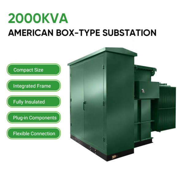 Diagram highlighting key features of the 2000KVA American Box-Type Substation Transformer including Compact Size, Integrated Frame, Plug-in Components, Full Insulation, and Flexible Connections.