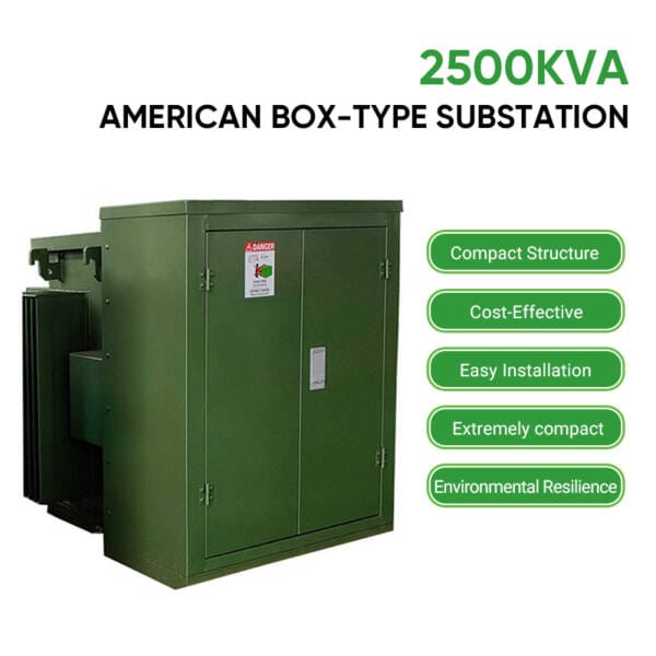 Infographic detailing the core features of the 2500KVA American Box-Type Substation: Compact Structure, Cost-Effective, Environmental Resilience, Easy Installation.