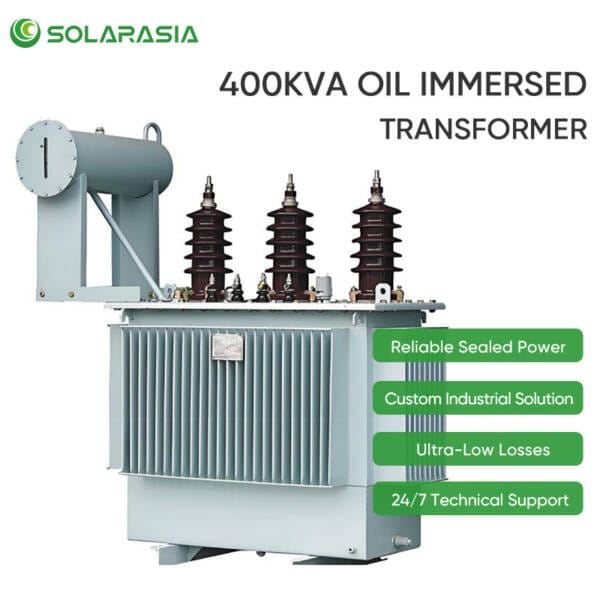 Icons highlighting features of the 400KVA oil immersed transformer: sealed construction, customization, ultra-low losses, and 24/7 support.