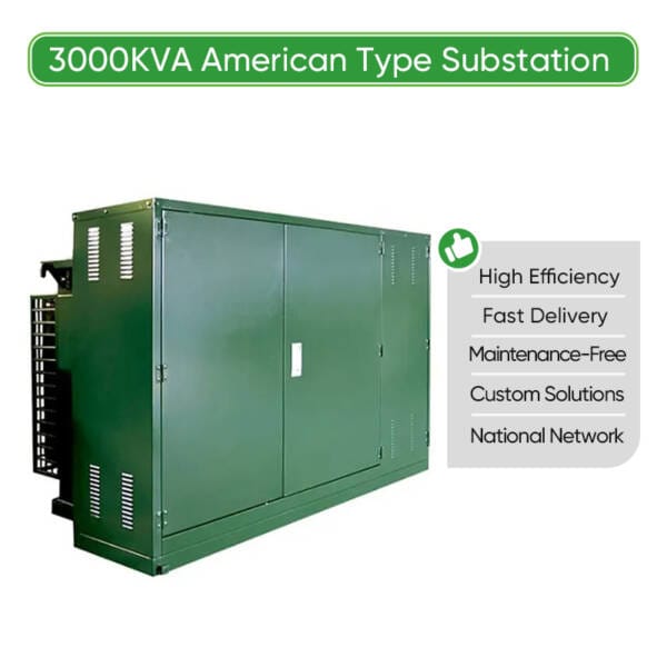 Infographic highlighting the core features of the 3000KVA American Type Substation: High Efficiency, Maintenance-Free, Fast Delivery, Custom Solutions, and National Network Support.