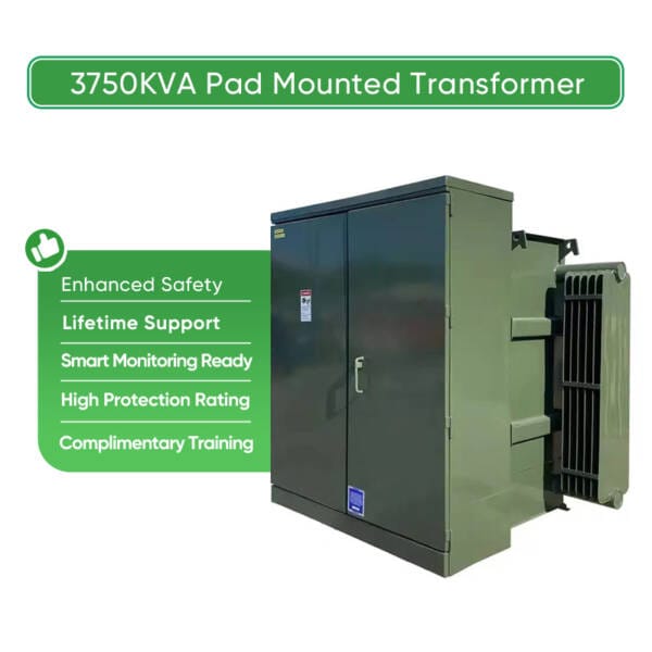 Infographic highlighting the core features of the 3750KVA Pad Mounted Transformer: Enhanced Safety, Smart Monitoring Ready, High Protection Rating, Lifetime Support, and Complimentary Training.