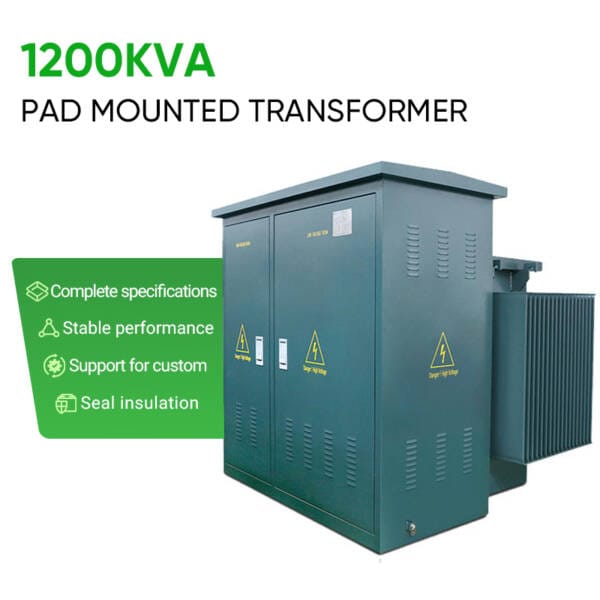 Illustrated features of the 1200KVA Pad Mounted Transformer including stable performance, complete specifications, seal insulation, and custom support.