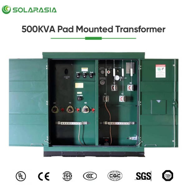 Certification badges and standards compliance for the 500KVA Pad Mounted Transformer.