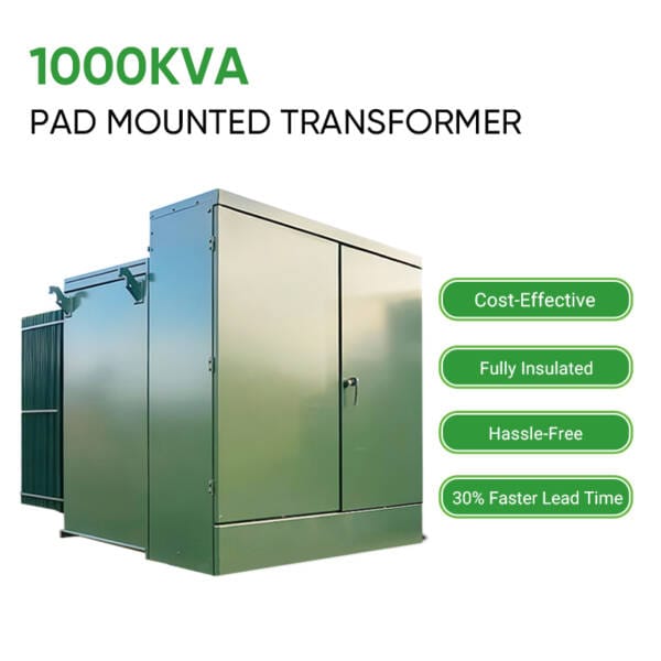 Infographic highlighting the main benefits of the 1000KVA Pad Mounted Transformer.
