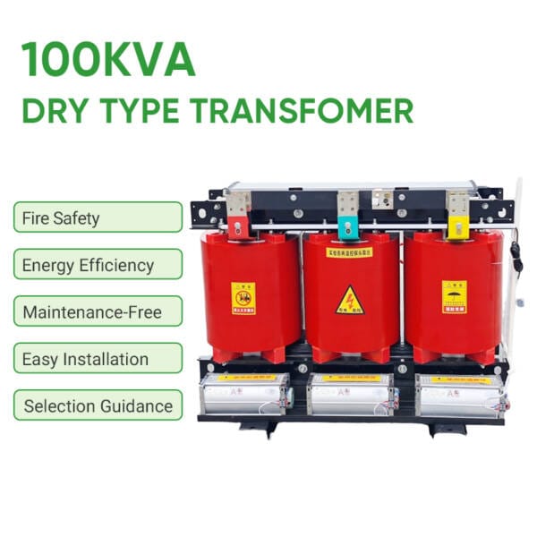 Feature icons and details for 100KVA Dry Type Transformer including Fire Safety, Energy Efficiency, Maintenance-Free, Easy Installation, and Selection Guidance.