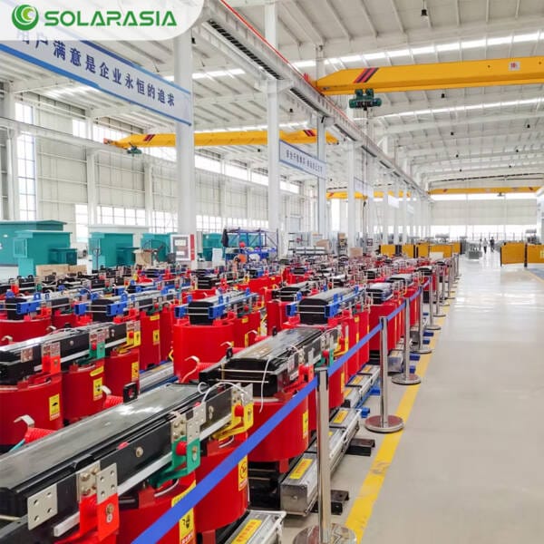 Detailed look at the assembly process or testing area for Dry Type Transformers, including 1000KVA models, within a professional manufacturing plant.