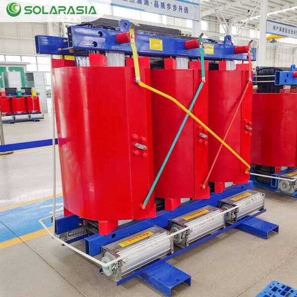 Side profile view of the 2000KVA Dry Type Transformer showing its dimensions, cable entry points, and overall layout.