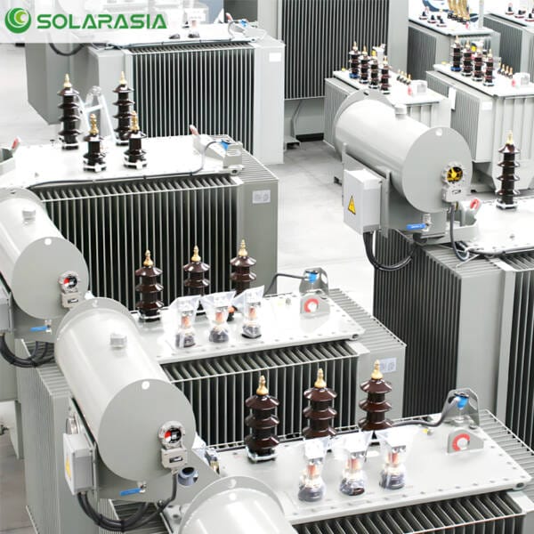 A single 400KVA oil immersed transformer undergoing final checks on the factory floor.
