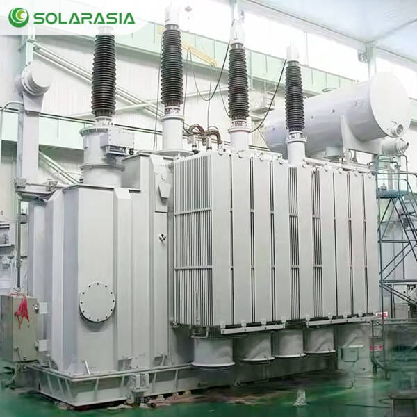 Side view of a 10MVA oil immersed electrical transformer stationed inside the manufacturer's facility, emphasizing its size and quality control.
