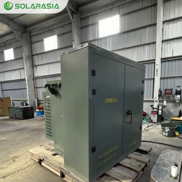 Front view of a single American style 1200KVA Pad Mounted Transformer with a clean, professional appearance.