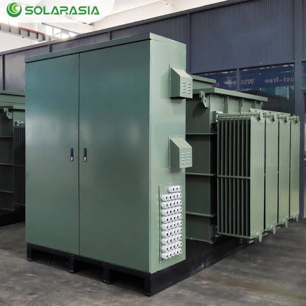 Side profile of 1500KVA Pad Mounted Transformer showing compact dimensions.