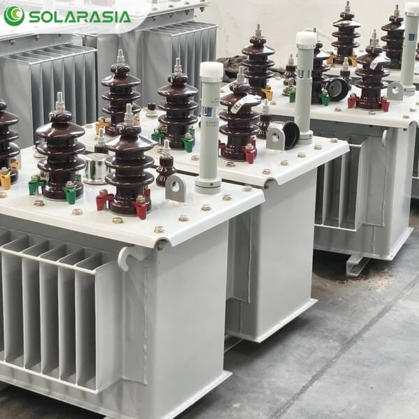 Multiple 500KVA oil immersed transformers in factory production or storage area