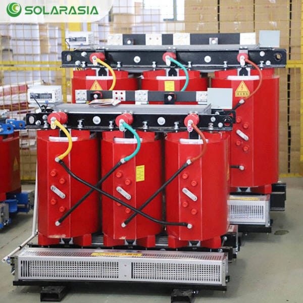Clear front-view of a 50KVA Dry Type Transformer showing terminal arrangements, nameplate, and easy access points for installation and maintenance.