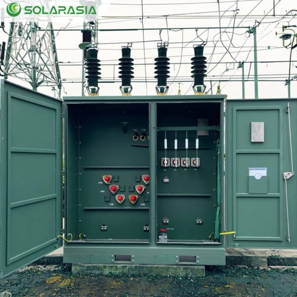 Inside a 3750KVA Pad Mounted Transformer with the front door open, revealing the transformer core, switchgear, and organized component layout.