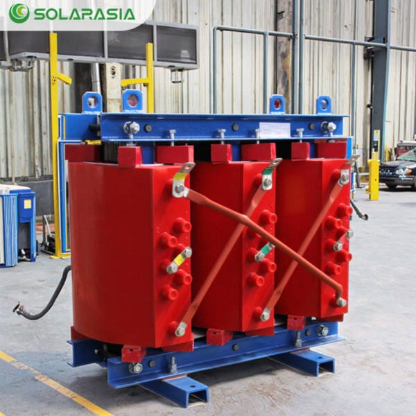 Side view of a 650KVA Dry Type Transformer, illustrating its dimensions, cooling ducts, and terminal arrangement.
