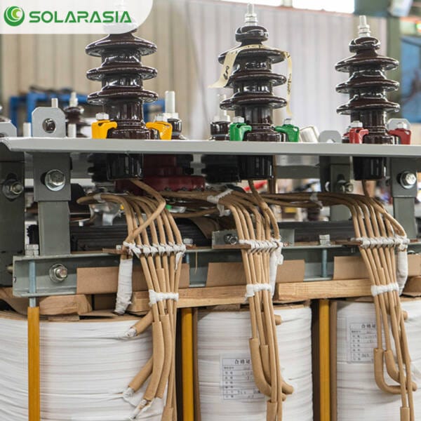 Cutaway or illustrated side view revealing the internal components like core and windings inside a 100KVA oil type transformer.