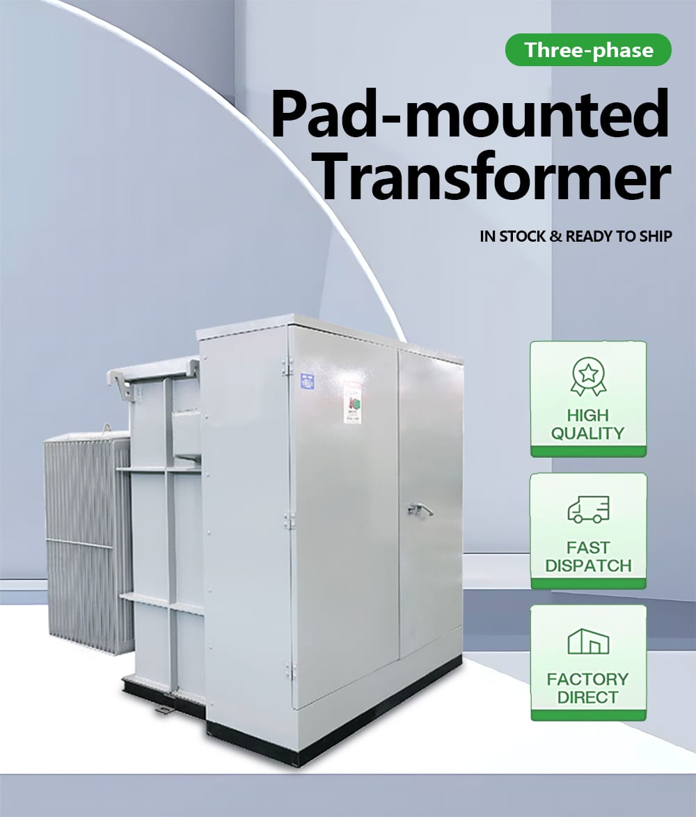 Professional photograph of a 1500KVA Pad Mounted Transformer unit in factory setting