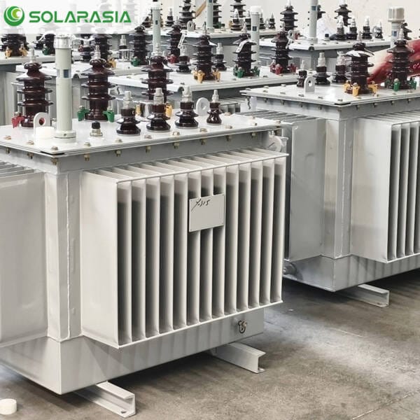 500KVA oil immersed transformer in factory setting undergoing final inspection