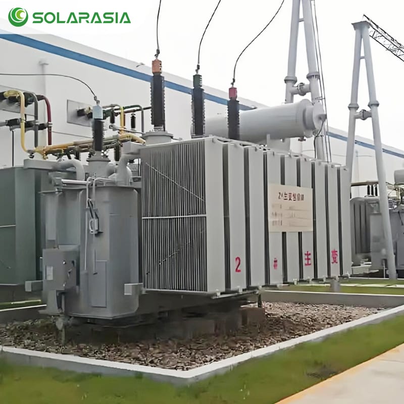 10MVA oil filled power transformer installed and operational within an electrical substation, integrating with switchgear and power lines.