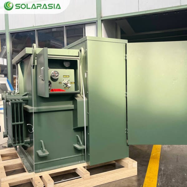 Detailed rear view of a 3750KVA Pad Mounted Transformer, showing cable entrance points, ventilation, and access panels.