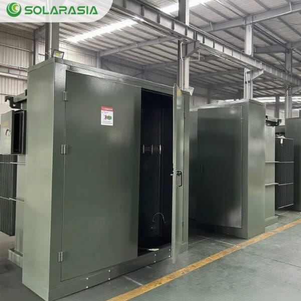 Multiple American style 1200KVA Pad Mounted Transformers arranged for large-scale power distribution.