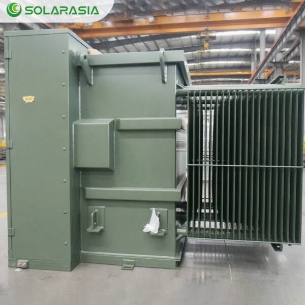 Side profile of a 500KVA Pad Mounted Transformer showcasing compact design and sturdy construction.