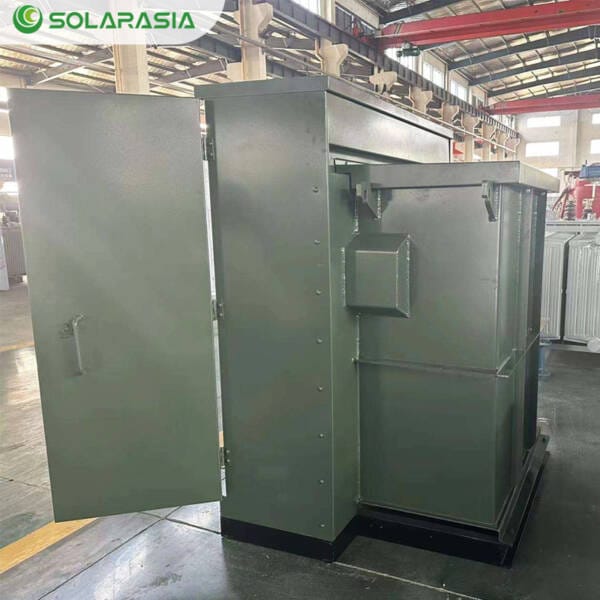 Side-view photograph showing the compact depth and design of the 1000KVA Pad Mounted Transformer.