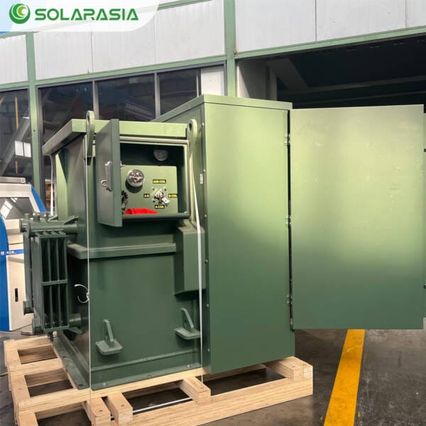 Rear perspective of 1500KVA Pad Mounted Transformer showing connection points.