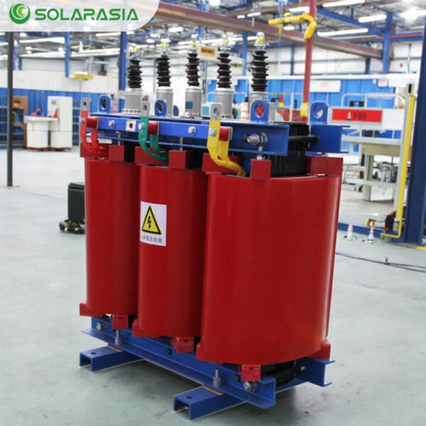 Side angle view of a 2500KVA Dry Type Transformer, emphasizing its structural integrity and compact footprint for space-efficient installation.