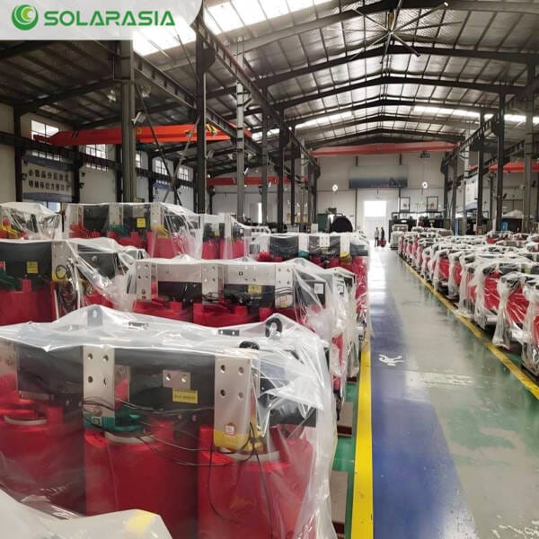 Overview of our production factory showcasing the assembly area for electrical transformers including 650KVA Dry Type models.