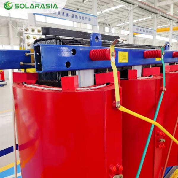 Close-up detail shot of the internal winding construction or cooling ducts within the 2000KVA Dry Type Transformer.