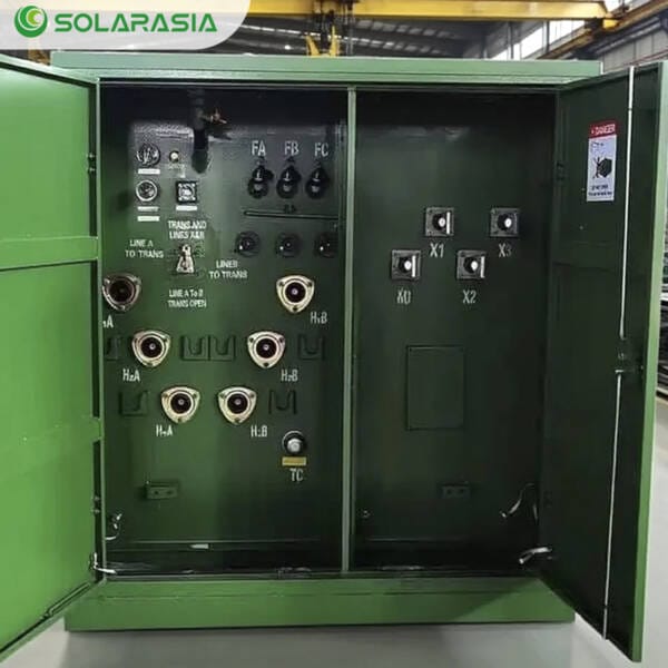 Front view of a single 500KVA Pad Mounted Transformer with door open for internal access.
