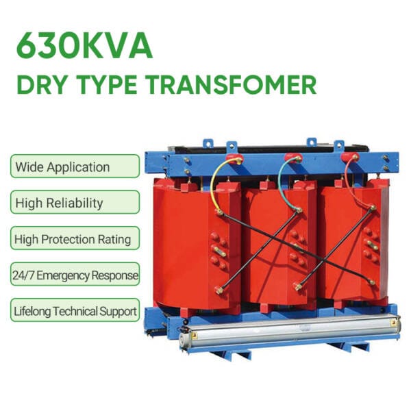 Infographic detailing the advantages of our 650KVA Dry Type Transformer: High Protection Rating, Wide Application, High Reliability, 24/7 Support, Lifelong Tech Support.