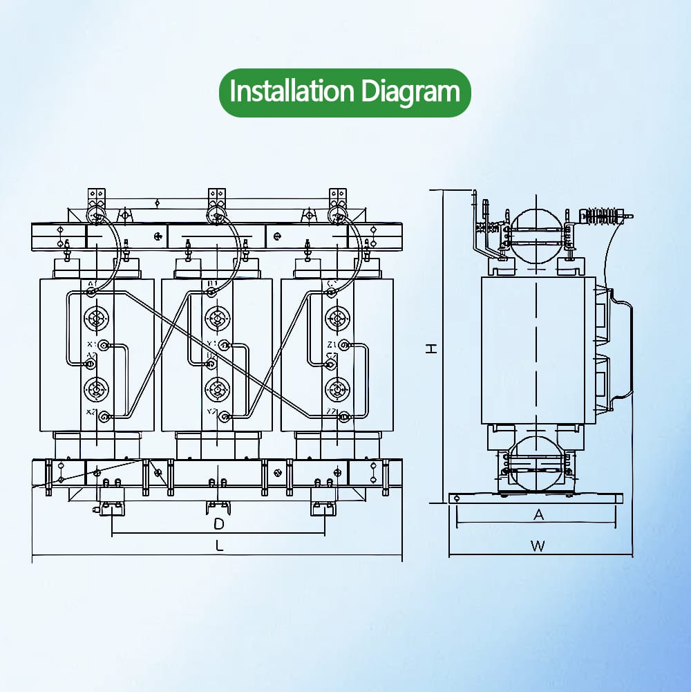 Technical wiring and layout diagram for the correct installation of a 400KVA Dry Type Transformer.