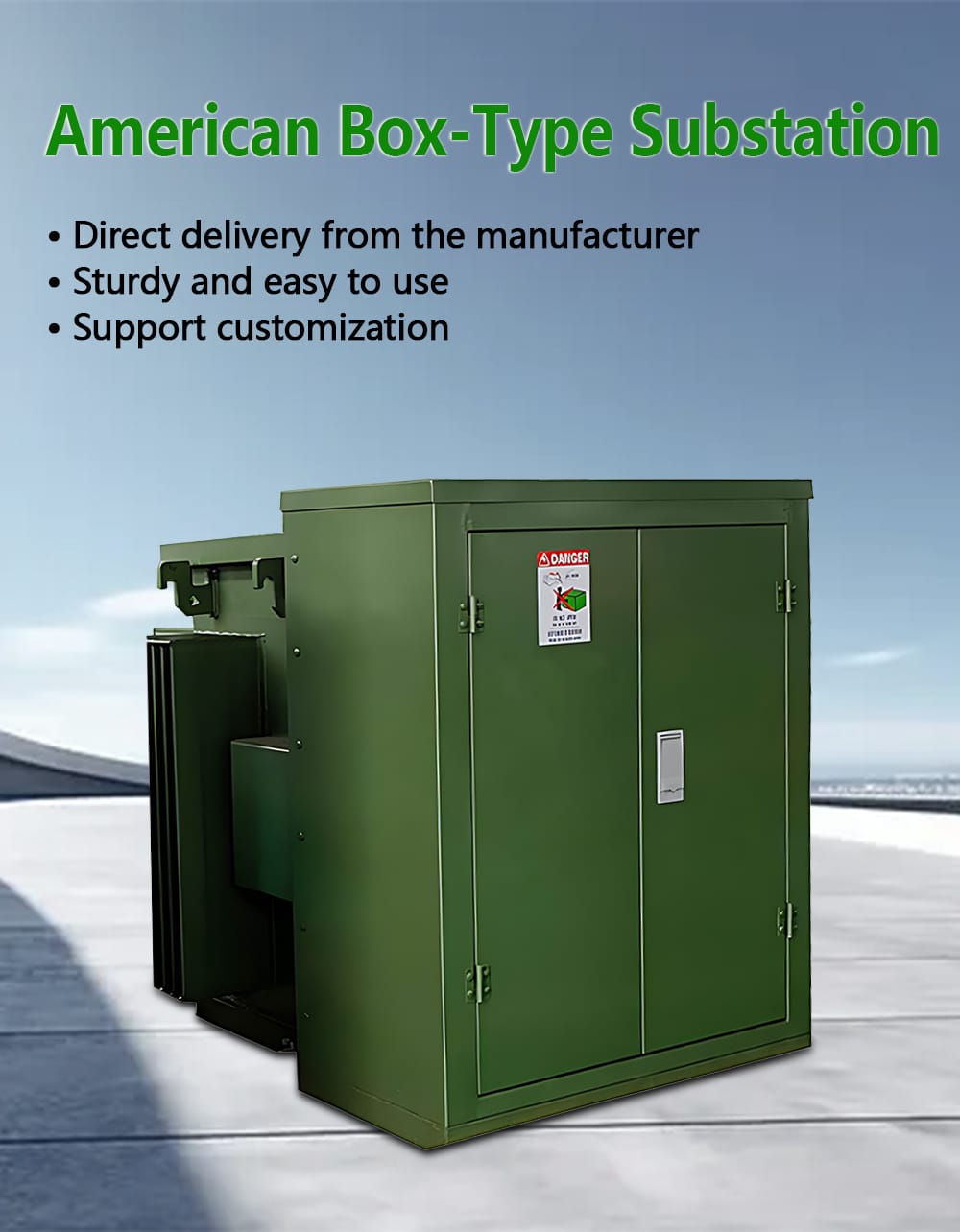 Professional photo of a 2500KVA American Box-Type Substation Transformer, highlighting its robust construction and readiness for direct delivery from the manufacturer.