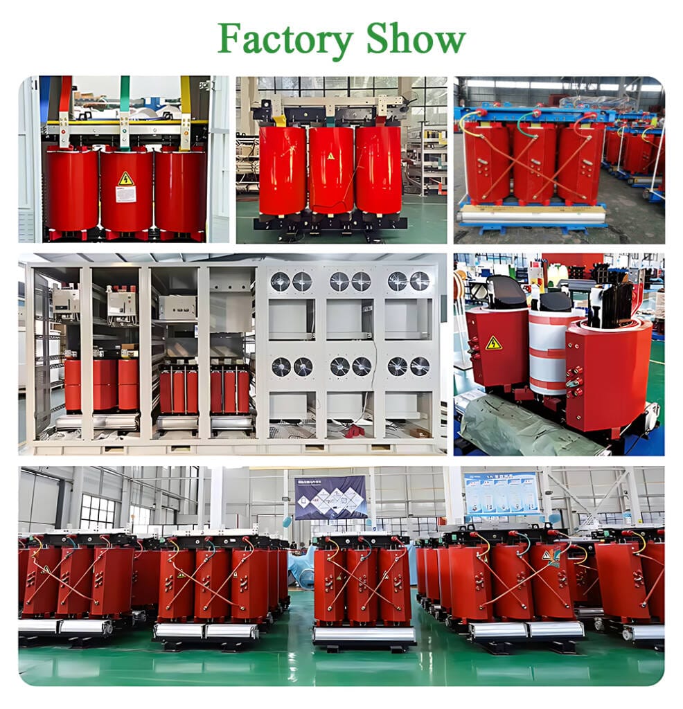 Collage of images showing the modern production facility where 250KVA Dry Type Transformers are manufactured.