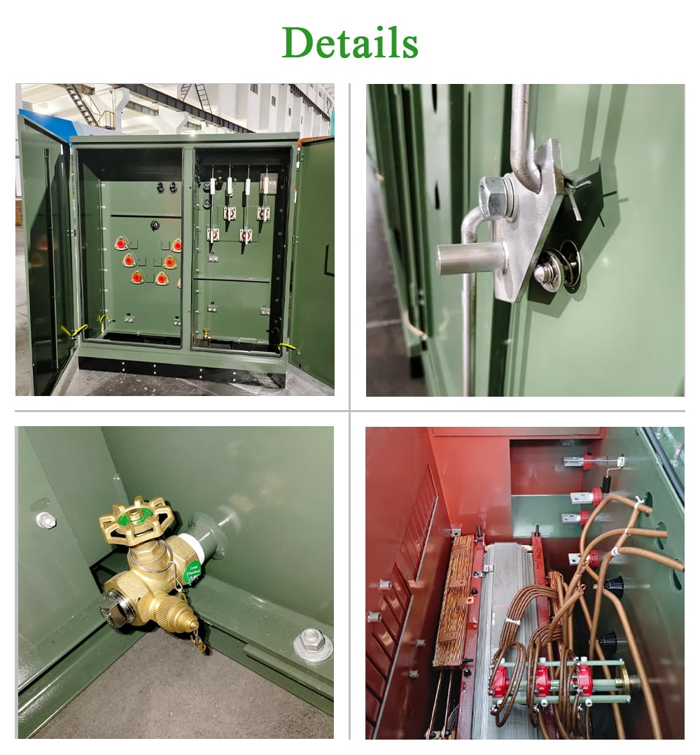 Close-up detail shots highlighting the craftsmanship and critical components of the 1200KVA Pad Mounted Transformer.