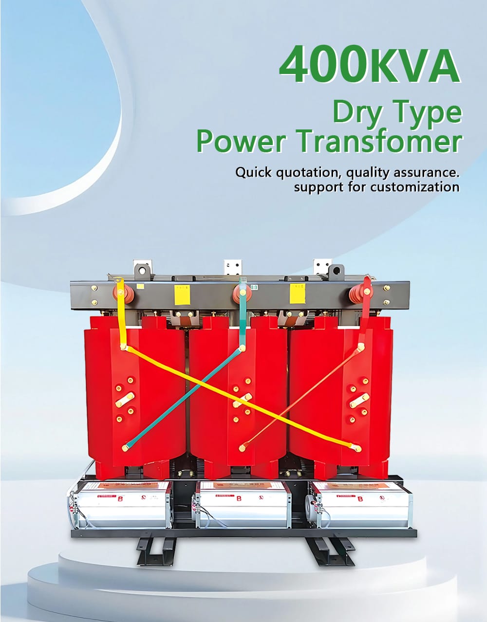 Professional front-facing photo of a 400KVA Dry Type Transformer showing its robust enclosure and design.