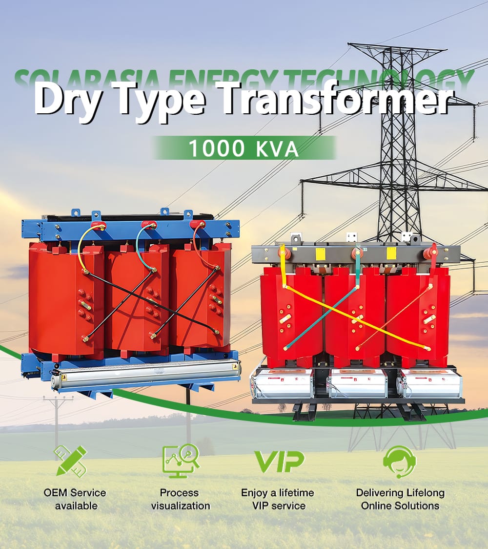 Professional photo of a 1000KVA Dry Type Transformer unit, highlighting its robust design, alongside icons for OEM Service, Process Visualization, Lifetime VIP Service, and Lifelong Online Solutions.
