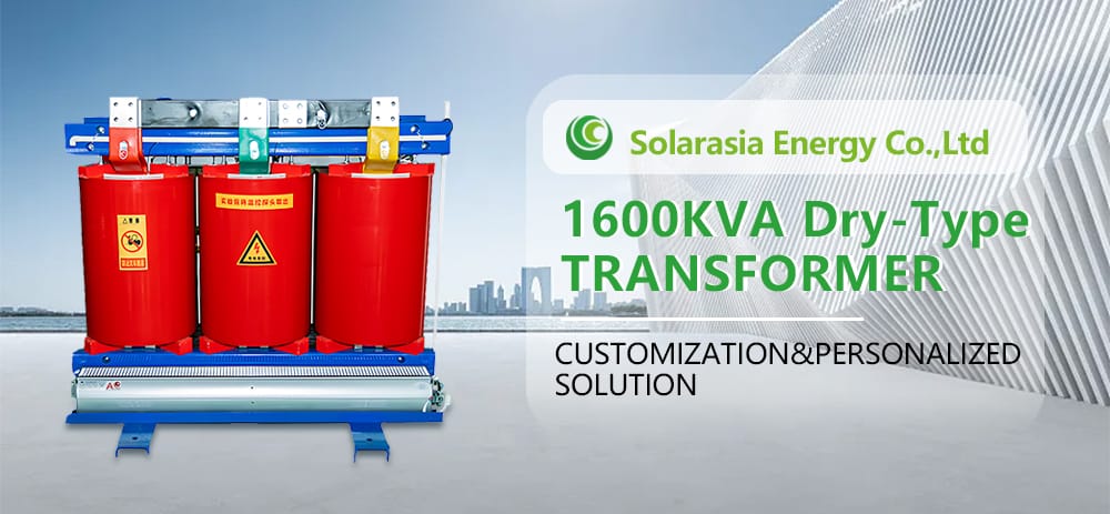 Professional front view of our 1600KVA Dry Type Transformer, showcasing its robust enclosure, modern design, and terminal configuration for safe and reliable indoor power distribution.