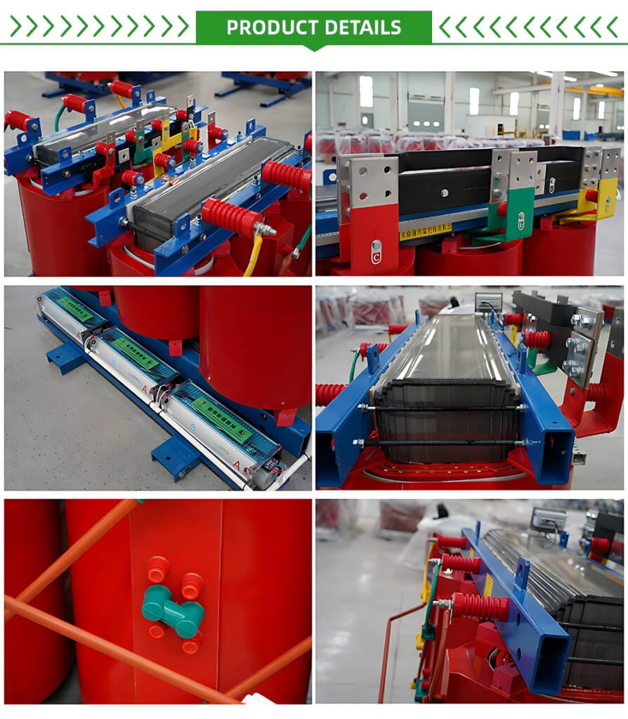 Close-up collage showing manufacturing details and quality components of 11KV dry type transformer